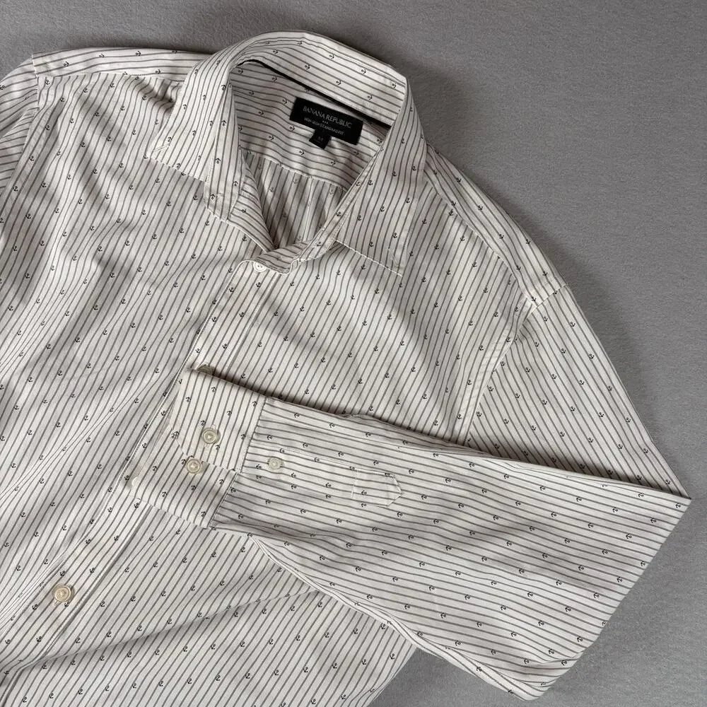 Banana Republic Men's Medium White Striped Anchor Print Dress Shirt